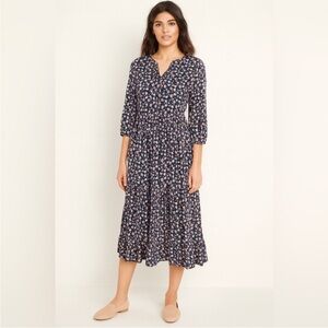 J. Jill Navy Floral Tiered Midi Dress 100% Rayon